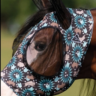 Máscara antimoscas PROFESSIONAL´S CHOICE comfort fit, con orejas, estampado bison negro/turquesa/marrón, talla PONY - Imagen 1